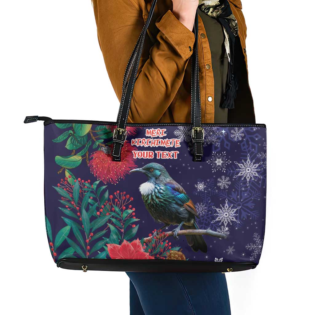 Tui Meri Kirihimete Personalised Leather Tote Bag Pohutukawa Flowers Blue Motif - Polynesian Pride