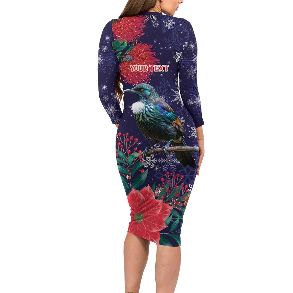 Tui Meri Kirihimete Personalised Long Sleeve Bodycon Dress Pohutukawa Flowers Blue Motif LT9 - Polynesian Pride