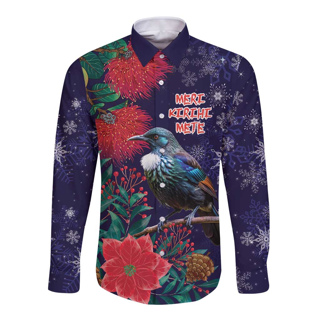 Tui Meri Kirihimete Personalised Long Sleeve Button Shirt Pohutukawa Flowers Blue Motif - Polynesian Pride