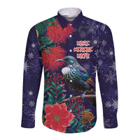 Tui Meri Kirihimete Personalised Long Sleeve Button Shirt Pohutukawa Flowers Blue Motif - Polynesian Pride