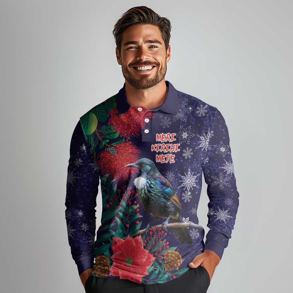 Tui Meri Kirihimete Personalised Long Sleeve Polo Shirt Pohutukawa Flowers Blue Motif - Polynesian Pride