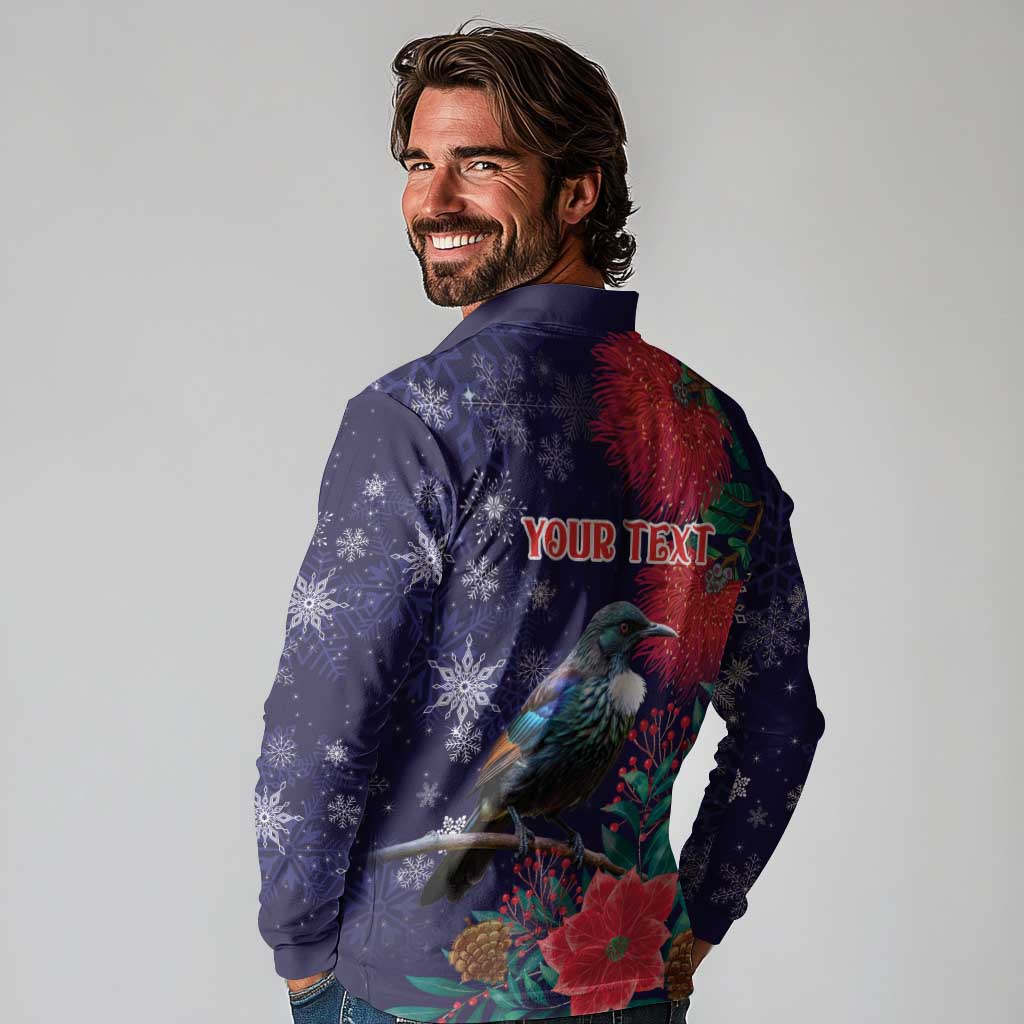 Tui Meri Kirihimete Personalised Long Sleeve Polo Shirt Pohutukawa Flowers Blue Motif - Polynesian Pride
