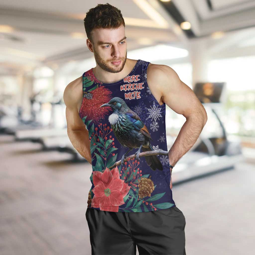 Tui Meri Kirihimete Personalised Men Tank Top Pohutukawa Flowers Blue Motif - Polynesian Pride
