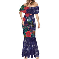Tui Meri Kirihimete Personalised Mermaid Dress Pohutukawa Flowers Blue Motif LT9 - Polynesian Pride