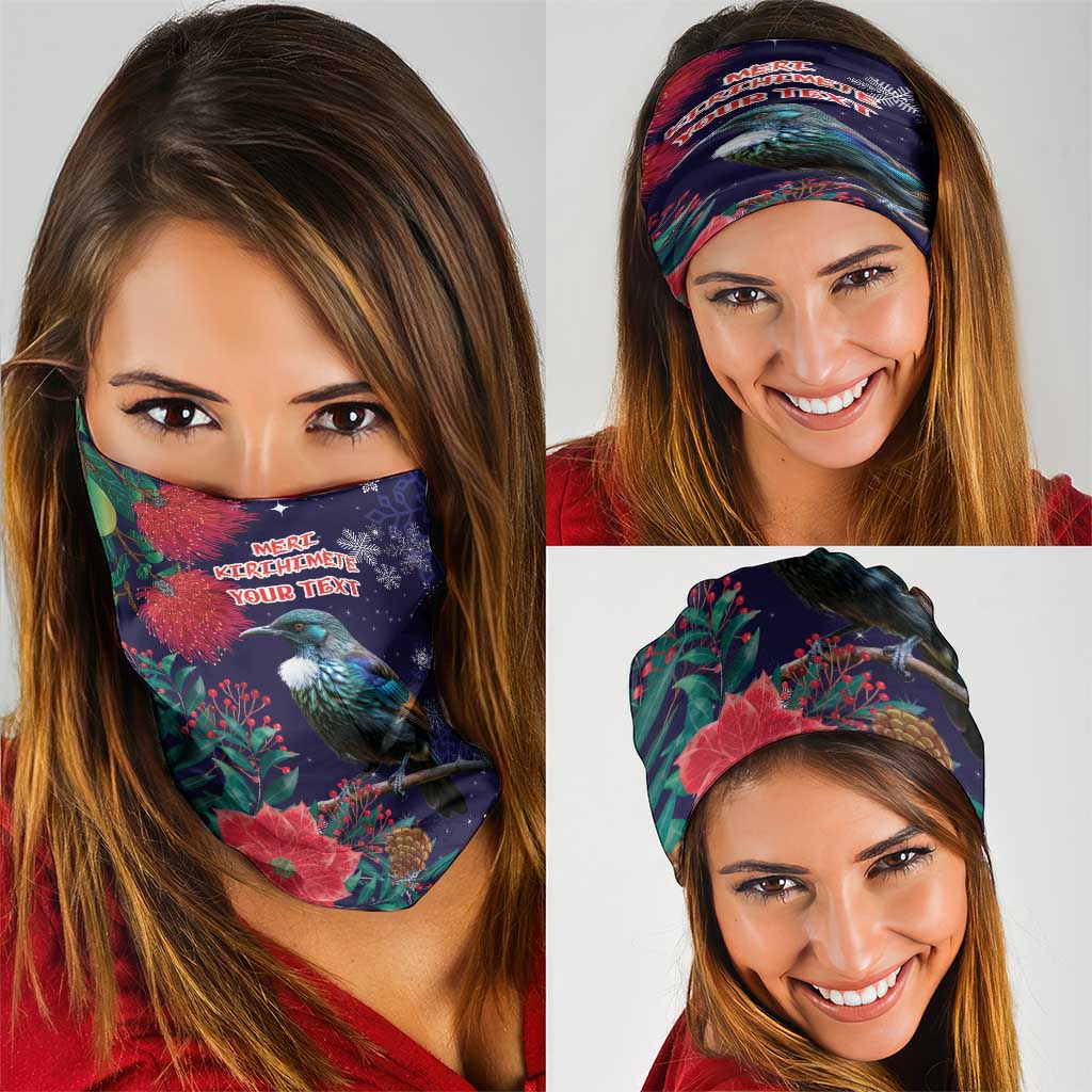 Tui Meri Kirihimete Personalised Neck Gaiter Pohutukawa Flowers Blue Motif - Polynesian Pride