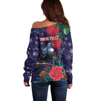 Tui Meri Kirihimete Personalised Off Shoulder Sweater Pohutukawa Flowers Blue Motif - Polynesian Pride