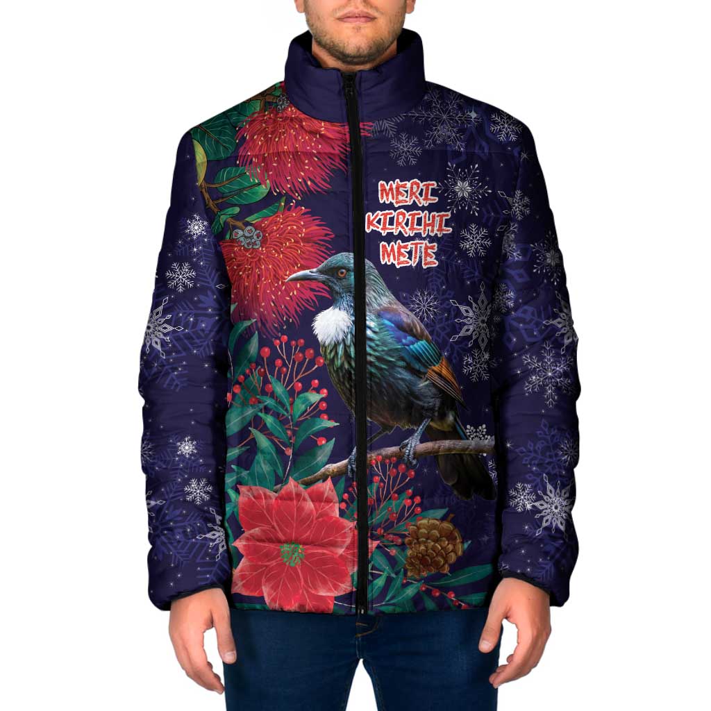 Tui Meri Kirihimete Personalised Padded Jacket Pohutukawa Flowers Blue Motif - Polynesian Pride