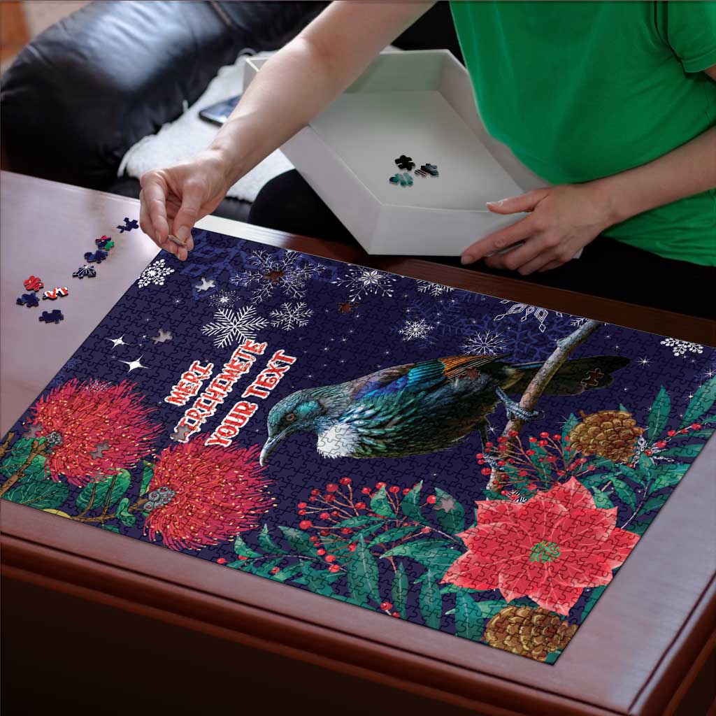 Tui Meri Kirihimete Personalised Puzzle Pohutukawa Flowers Blue Motif - Polynesian Pride