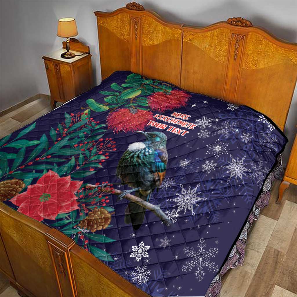 Tui Meri Kirihimete Personalised Quilt Pohutukawa Flowers Blue Motif - Polynesian Pride