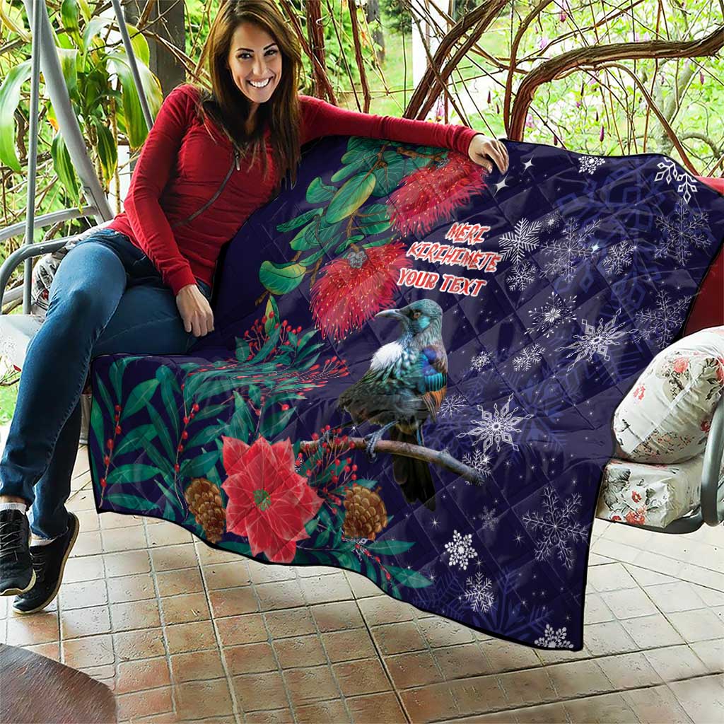 Tui Meri Kirihimete Personalised Quilt Pohutukawa Flowers Blue Motif - Polynesian Pride