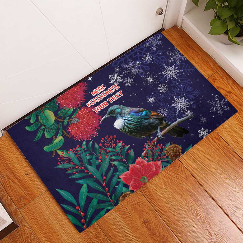 Tui Meri Kirihimete Personalised Rubber Doormat Pohutukawa Flowers Blue Motif - Polynesian Pride