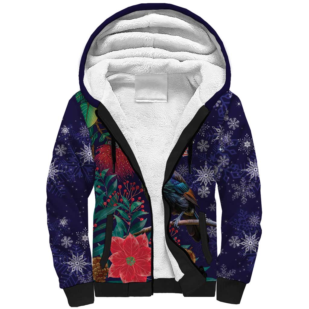 Tui Meri Kirihimete Personalised Sherpa Hoodie Pohutukawa Flowers Blue Motif - Polynesian Pride