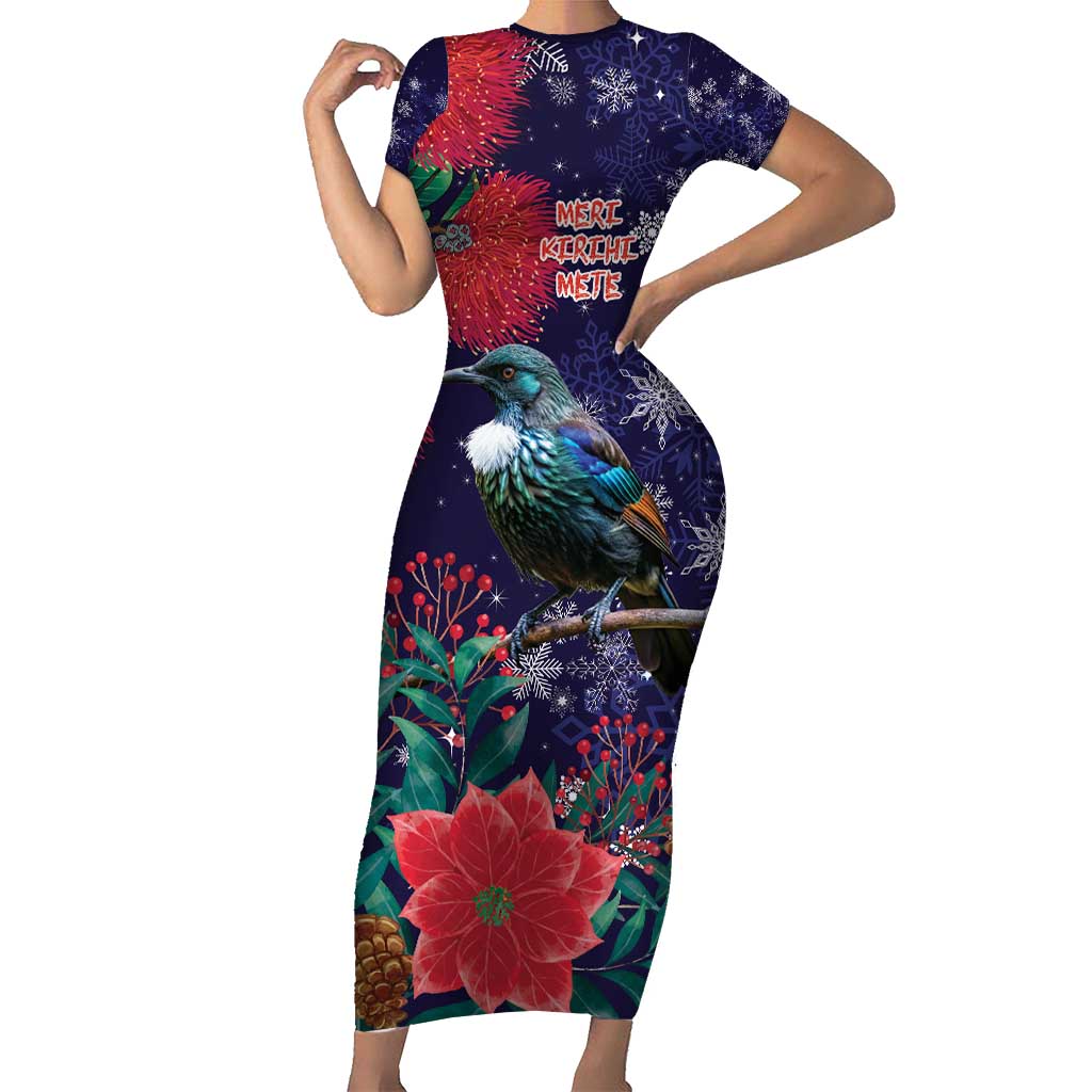 Tui Meri Kirihimete Personalised Short Sleeve Bodycon Dress Pohutukawa Flowers Blue Motif - Polynesian Pride