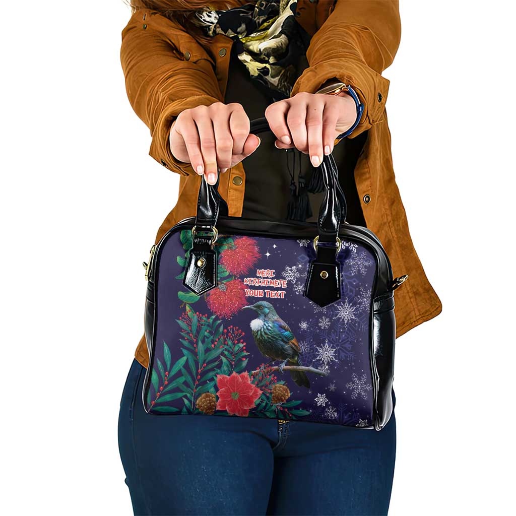 Tui Meri Kirihimete Personalised Shoulder Handbag Pohutukawa Flowers Blue Motif - Polynesian Pride