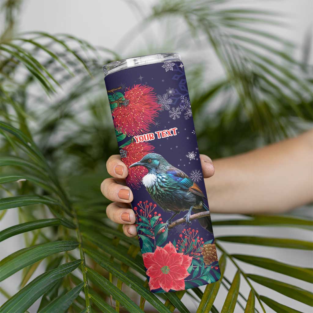 Tui Meri Kirihimete Personalised Skinny Tumbler Pohutukawa Flowers Blue Motif - Polynesian Pride