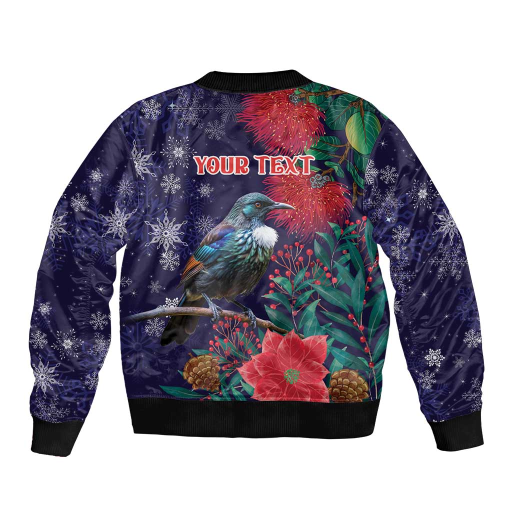 Tui Meri Kirihimete Personalised Sleeve Zip Bomber Jacket Pohutukawa Flowers Blue Motif - Polynesian Pride