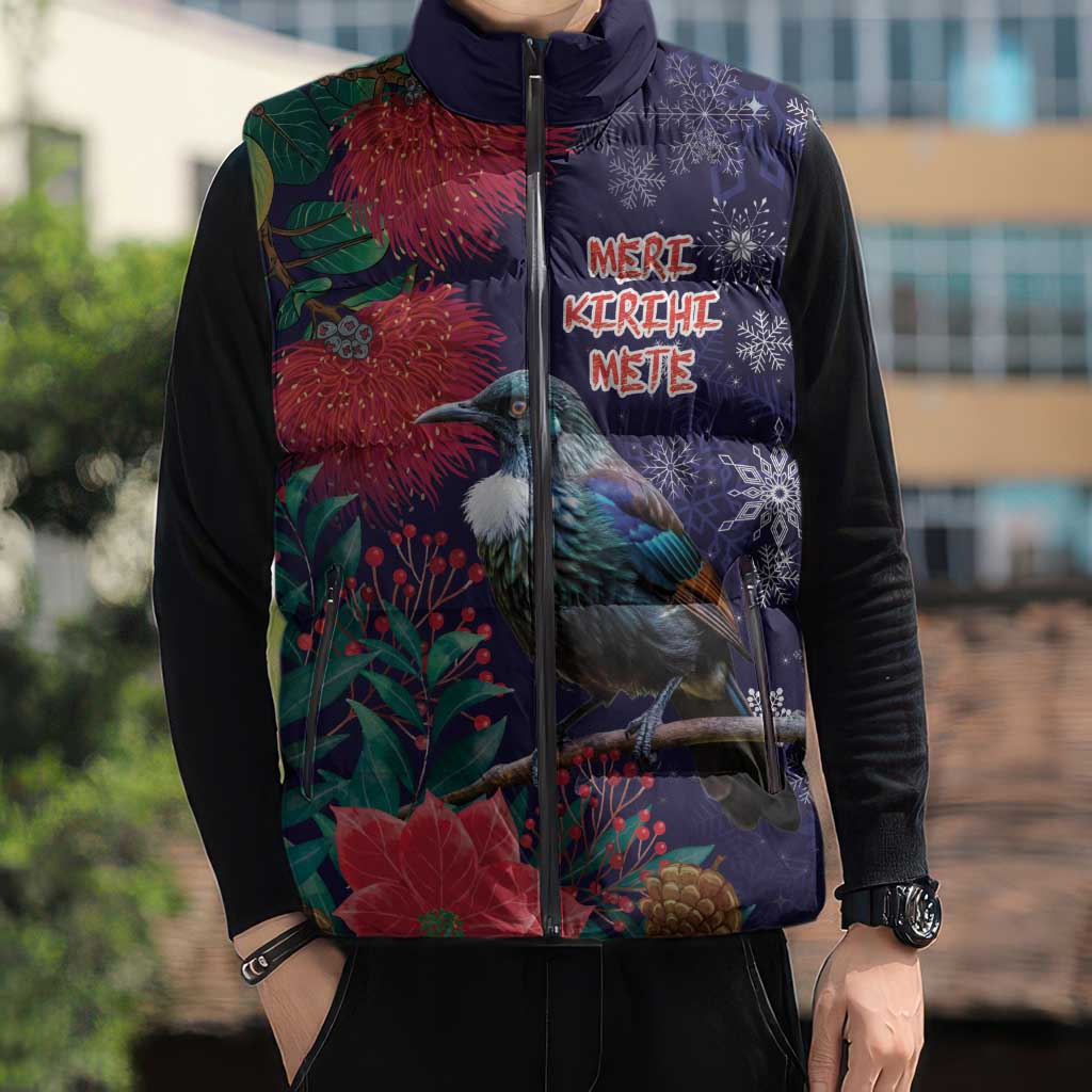 Tui Meri Kirihimete Personalised Sleeveless Puffer Jacket Pohutukawa Flowers Blue Motif - Polynesian Pride