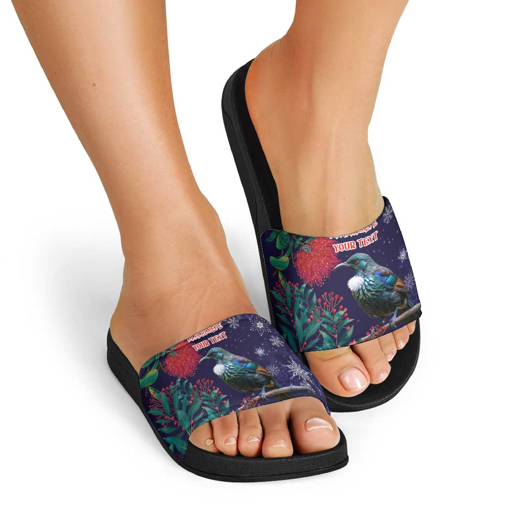 Tui Meri Kirihimete Personalised Slide Sandals Pohutukawa Flowers Blue Motif - Polynesian Pride