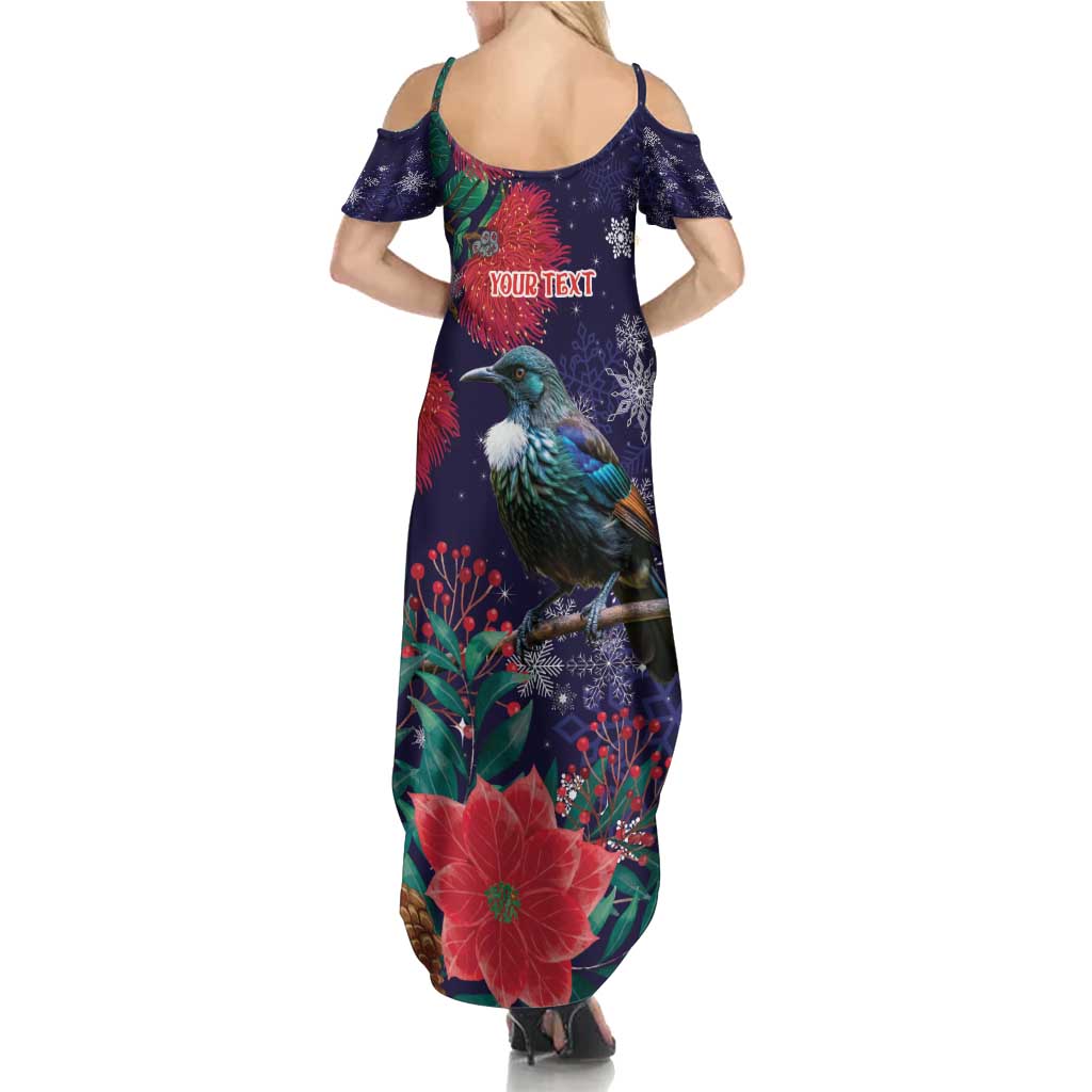 Tui Meri Kirihimete Personalised Summer Maxi Dress Pohutukawa Flowers Blue Motif - Polynesian Pride