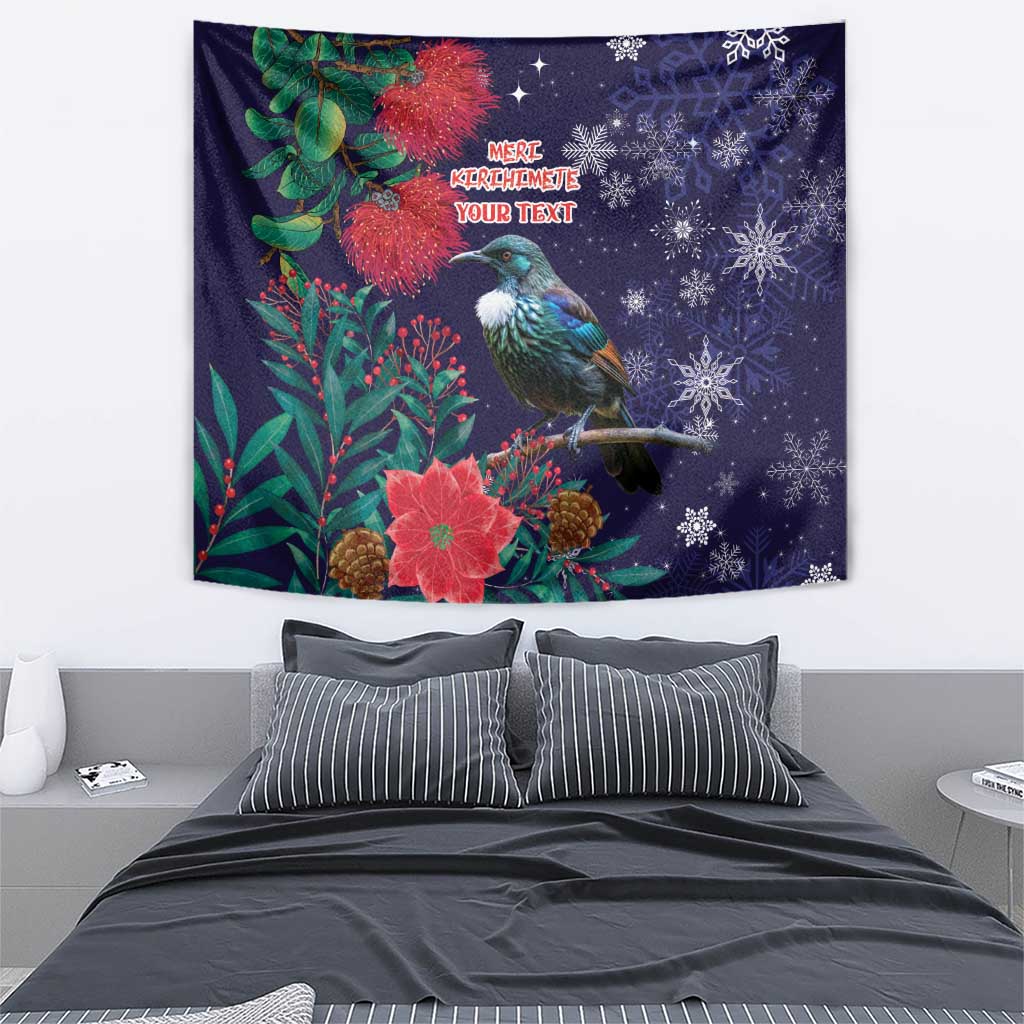 Tui Meri Kirihimete Personalised Tapestry Pohutukawa Flowers Blue Motif - Polynesian Pride