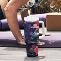 Tui Meri Kirihimete Personalised Tumbler With Handle Pohutukawa Flowers Blue Motif - Polynesian Pride