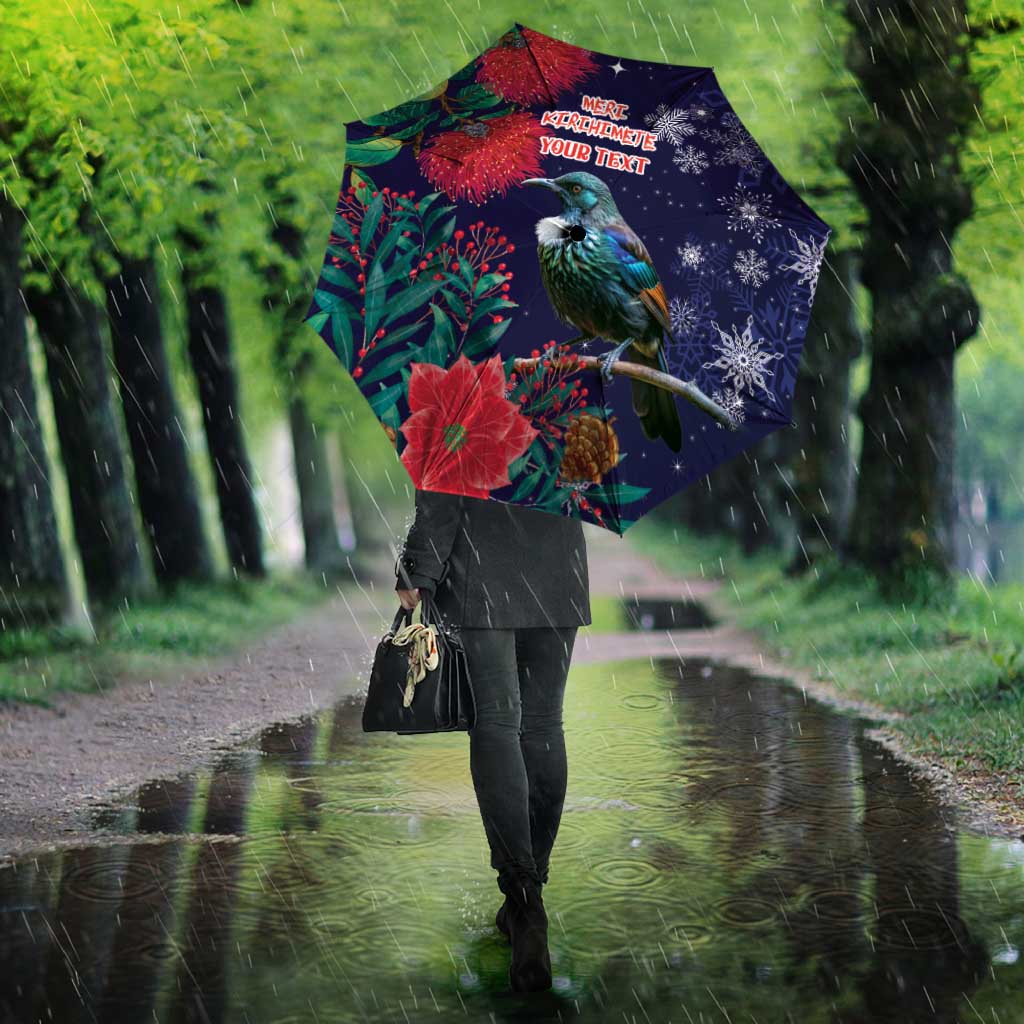 Tui Meri Kirihimete Personalised Umbrella Pohutukawa Flowers Blue Motif - Polynesian Pride