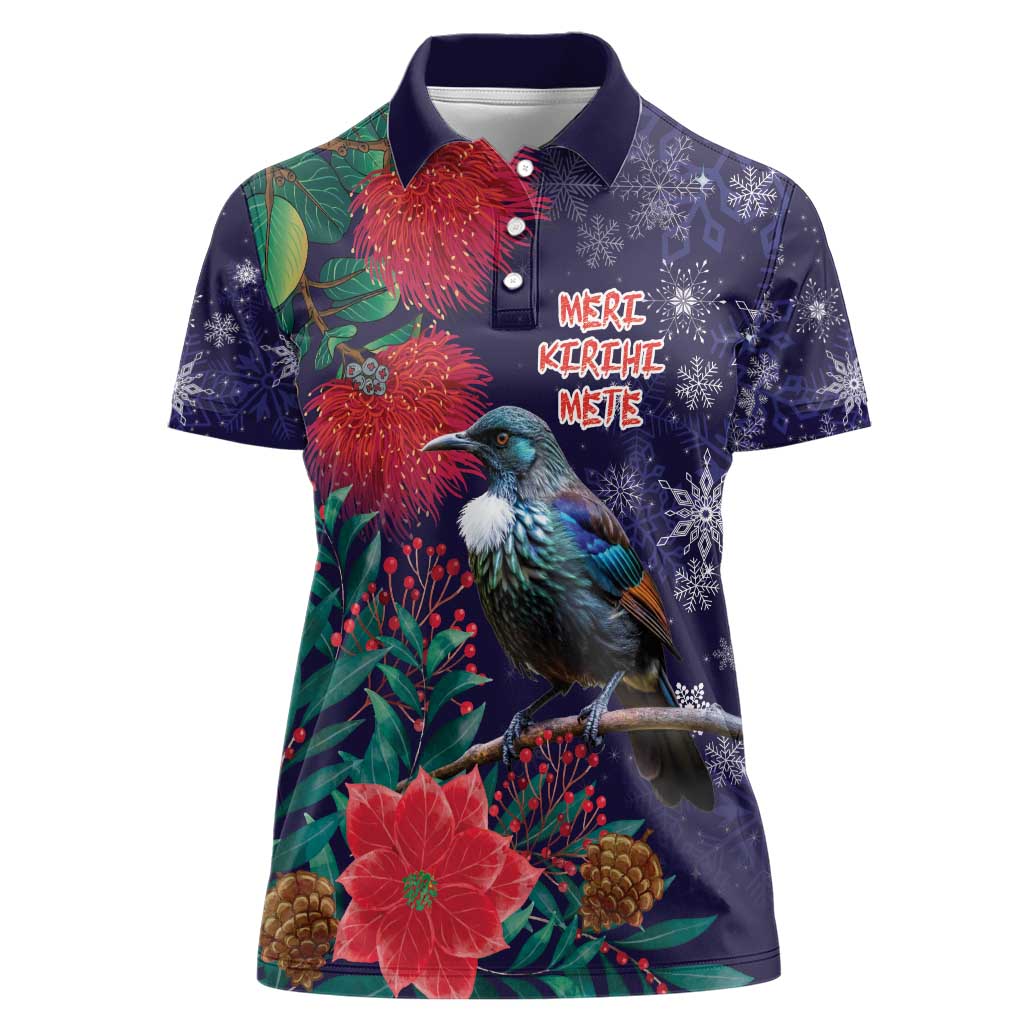 Tui Meri Kirihimete Personalised Women Polo Shirt Pohutukawa Flowers Blue Motif - Polynesian Pride