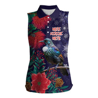 Tui Meri Kirihimete Personalised Women Sleeveless Polo Shirt Pohutukawa Flowers Blue Motif - Polynesian Pride