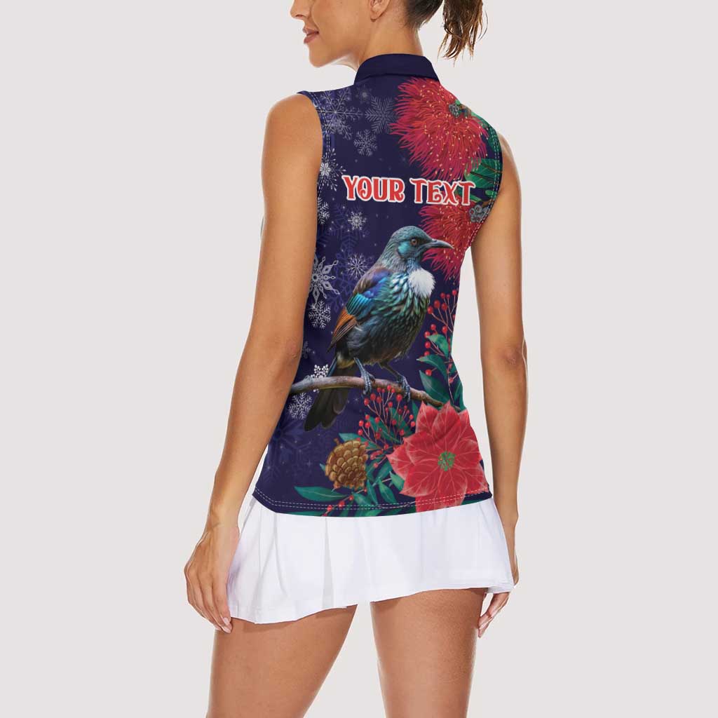 Tui Meri Kirihimete Personalised Women Sleeveless Polo Shirt Pohutukawa Flowers Blue Motif - Polynesian Pride