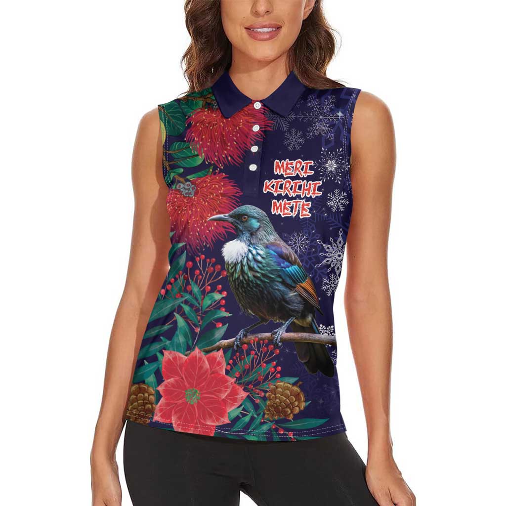 Tui Meri Kirihimete Personalised Women Sleeveless Polo Shirt Pohutukawa Flowers Blue Motif - Polynesian Pride