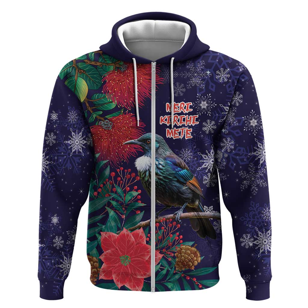 Tui Meri Kirihimete Personalised Zip Hoodie Pohutukawa Flowers Blue Motif - Polynesian Pride