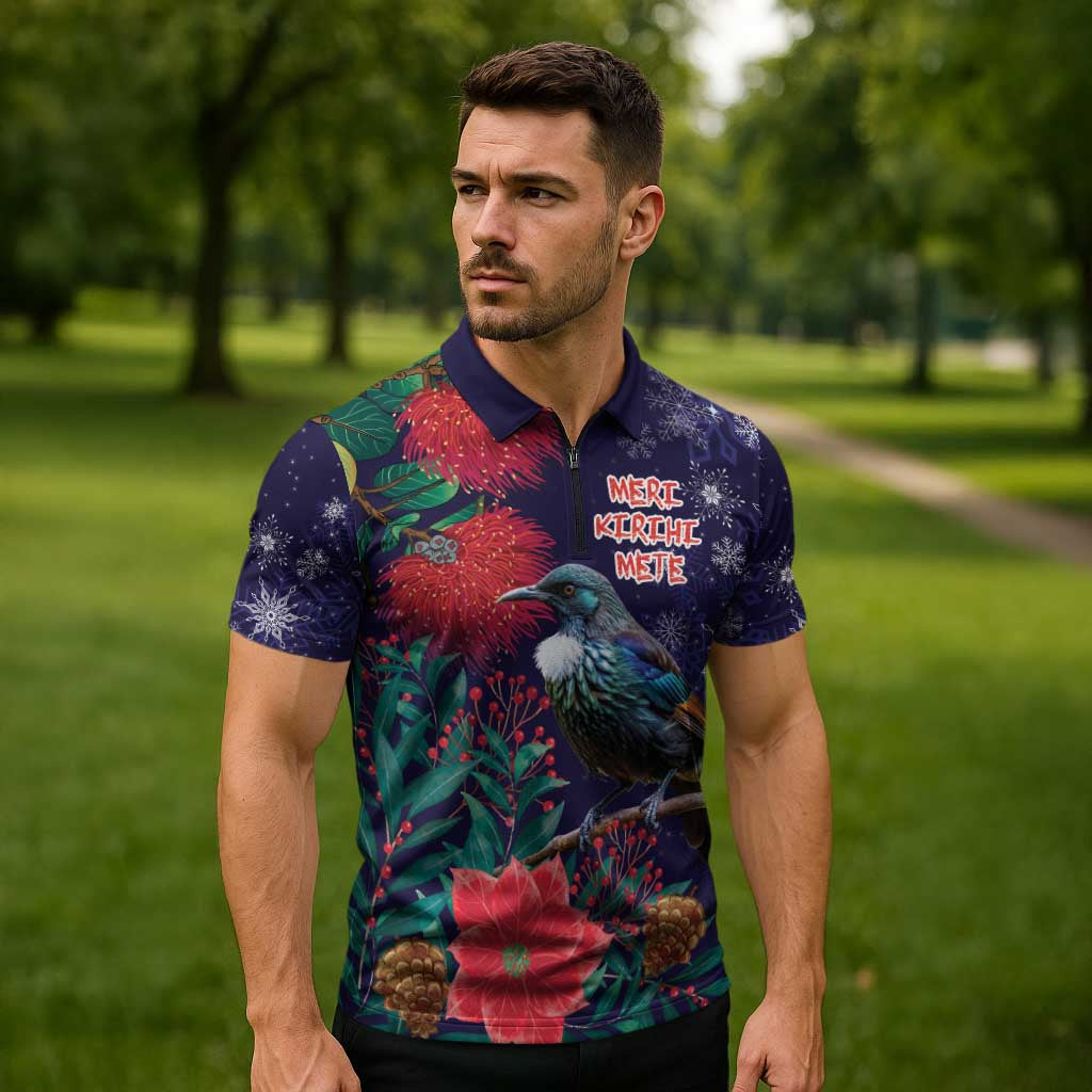 Tui Meri Kirihimete Personalised Zipper Polo Shirt Pohutukawa Flowers Blue Motif - Polynesian Pride