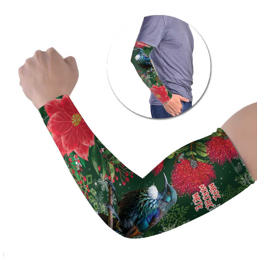 Tui Meri Kirihimete Personalised Arm Sleeves Pohutukawa Flowers Green Motif - Polynesian Pride