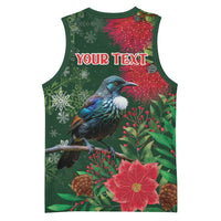Tui Meri Kirihimete Personalised Basketball Jersey Pohutukawa Flowers Green Motif - Polynesian Pride