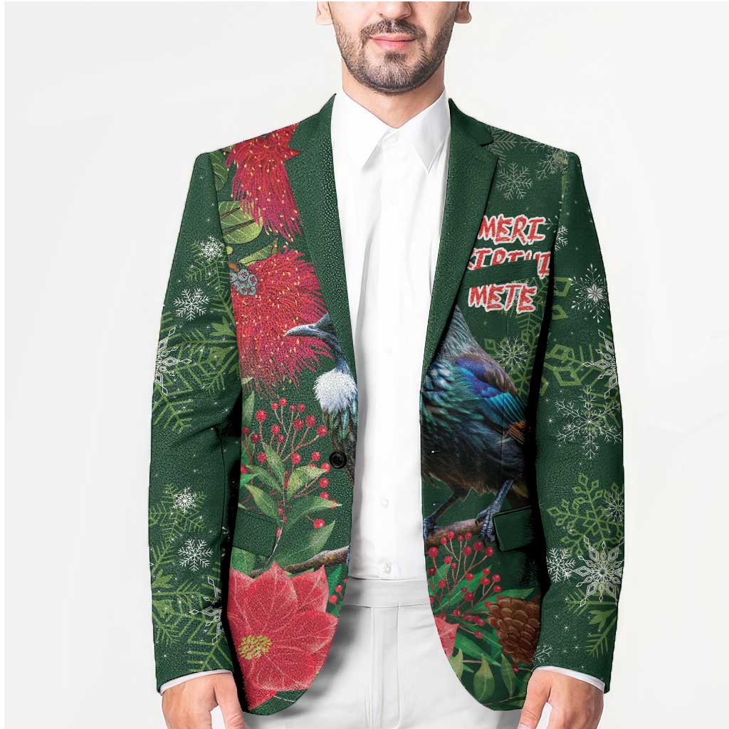 Tui Meri Kirihimete Personalised Blazer Pohutukawa Flowers Green Motif - Polynesian Pride