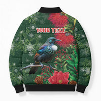 Tui Meri Kirihimete Personalised Bomber Puffer Jacket Pohutukawa Flowers Green Motif - Polynesian Pride
