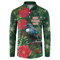 Tui Meri Kirihimete Personalised Button Sweatshirt Pohutukawa Flowers Green Motif - Polynesian Pride