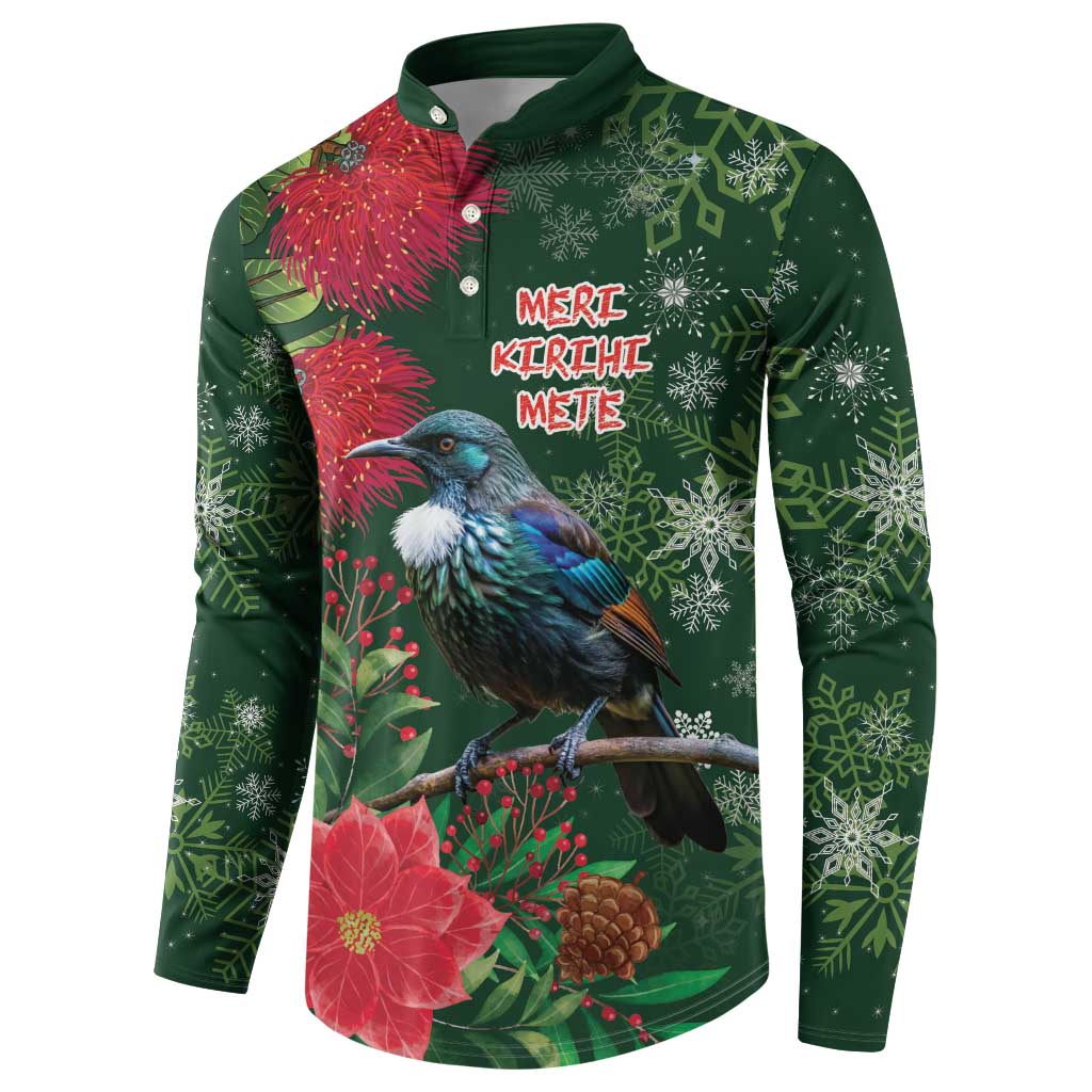 Tui Meri Kirihimete Personalised Button Sweatshirt Pohutukawa Flowers Green Motif - Polynesian Pride