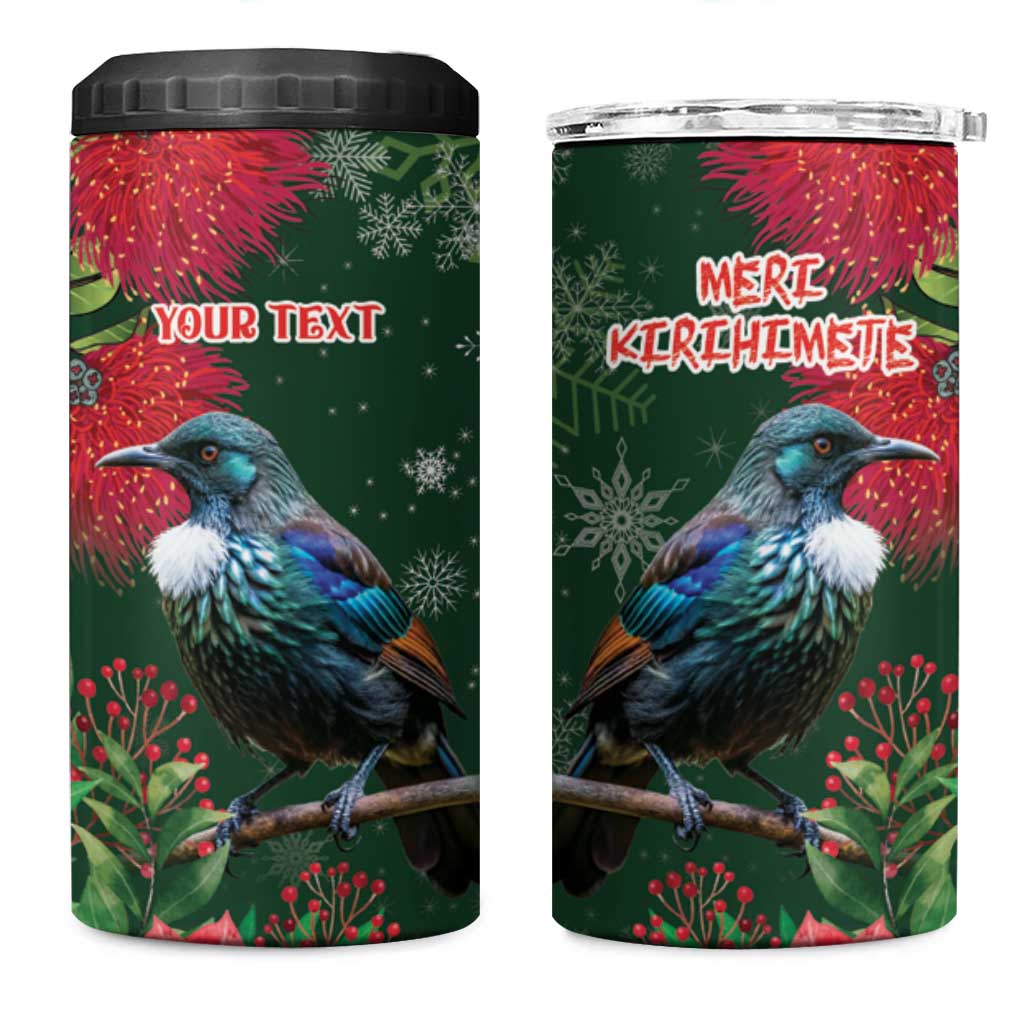 Tui Meri Kirihimete Personalised 4 in 1 Can Cooler Tumbler Pohutukawa Flowers Green Motif - Polynesian Pride