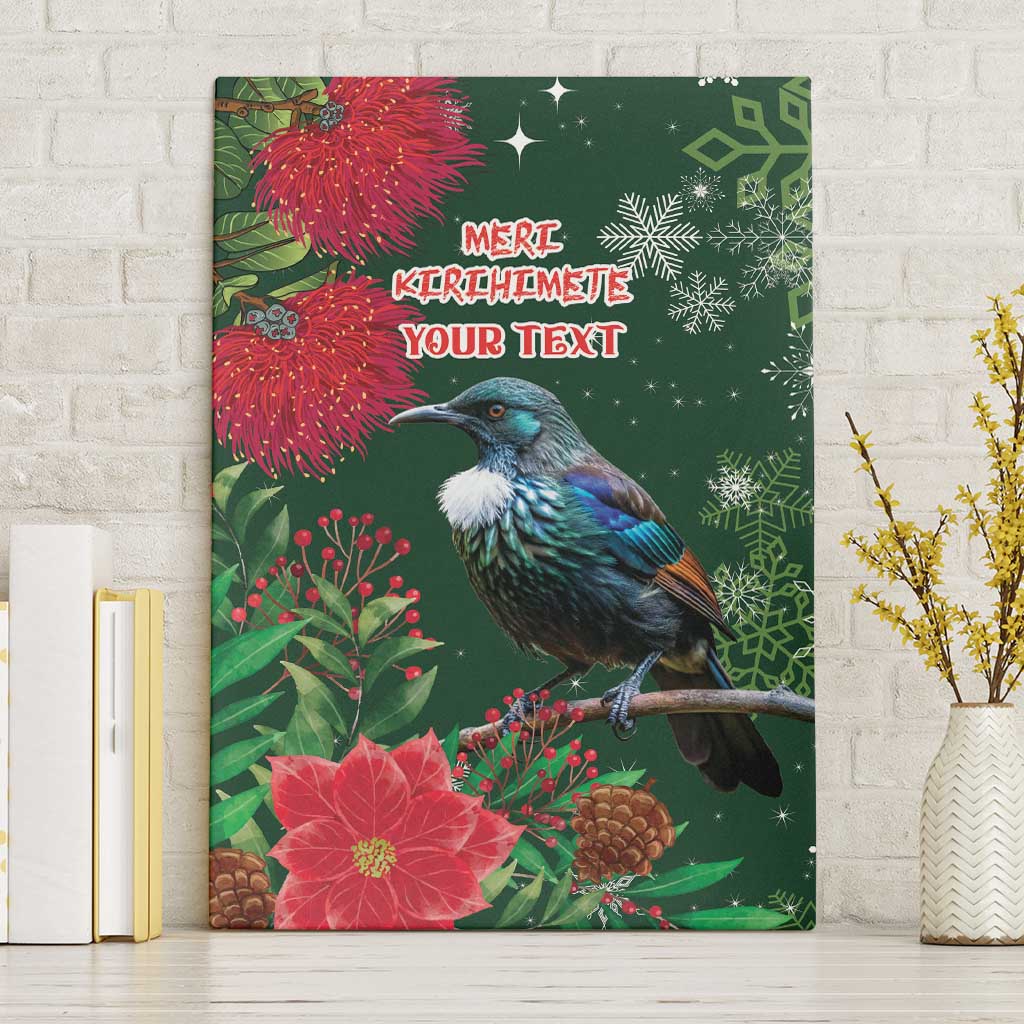 Tui Meri Kirihimete Personalised Canvas Wall Art Pohutukawa Flowers Green Motif - Polynesian Pride