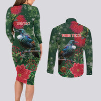 Tui Meri Kirihimete Personalised Couples Matching Long Sleeve Bodycon Dress and Long Sleeve Button Shirt Pohutukawa Flowers Green Motif - Polynesian Pride