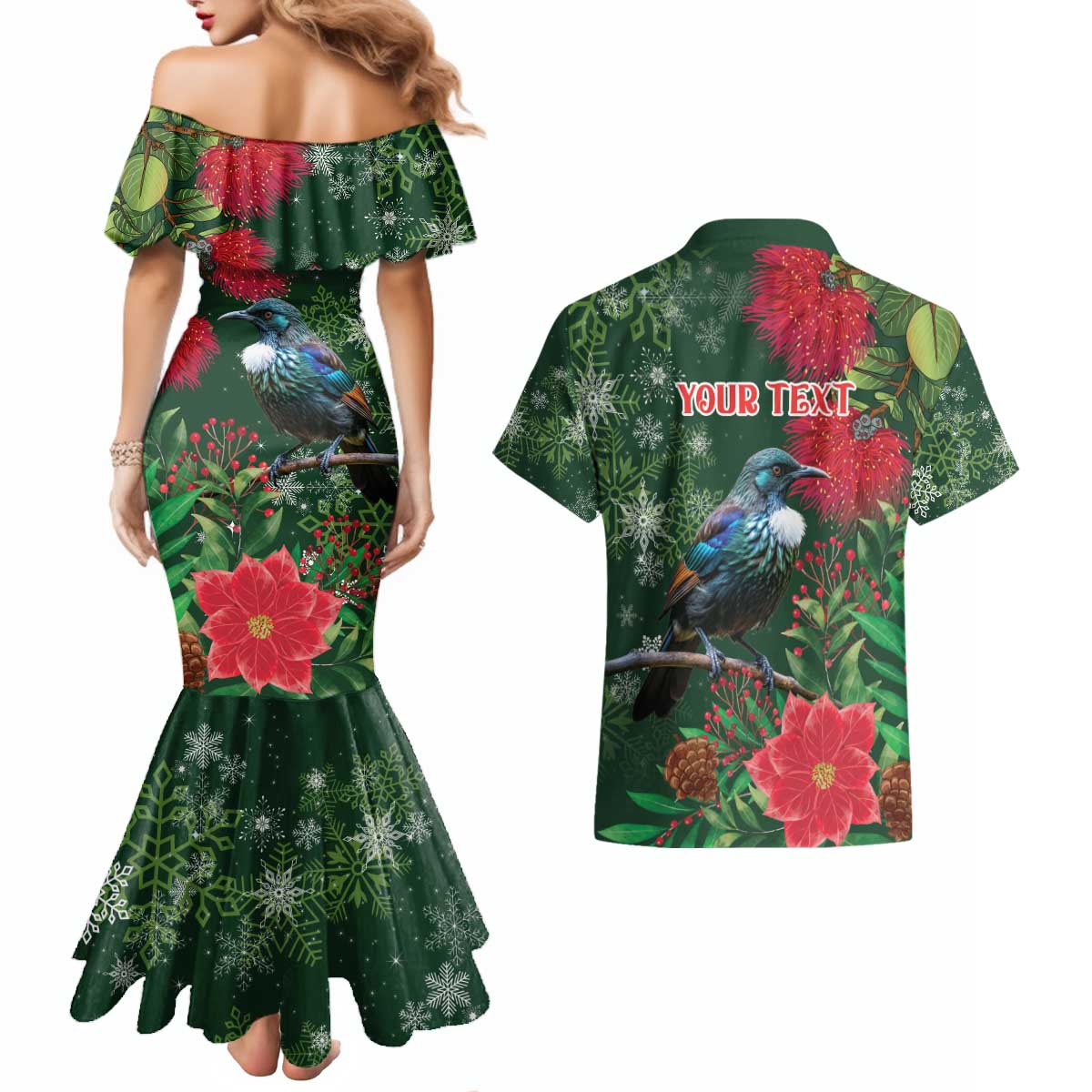 Tui Meri Kirihimete Personalised Couples Matching Mermaid Dress and Hawaiian Shirt Pohutukawa Flowers Green Motif - Polynesian Pride