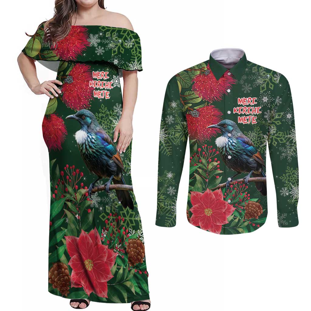 Tui Meri Kirihimete Personalised Couples Matching Off Shoulder Maxi Dress and Long Sleeve Button Shirt Pohutukawa Flowers Green Motif - Polynesian Pride