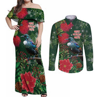 Tui Meri Kirihimete Personalised Couples Matching Off Shoulder Maxi Dress and Long Sleeve Button Shirt Pohutukawa Flowers Green Motif - Polynesian Pride