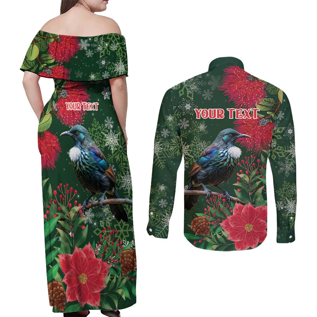 Tui Meri Kirihimete Personalised Couples Matching Off Shoulder Maxi Dress and Long Sleeve Button Shirt Pohutukawa Flowers Green Motif - Polynesian Pride