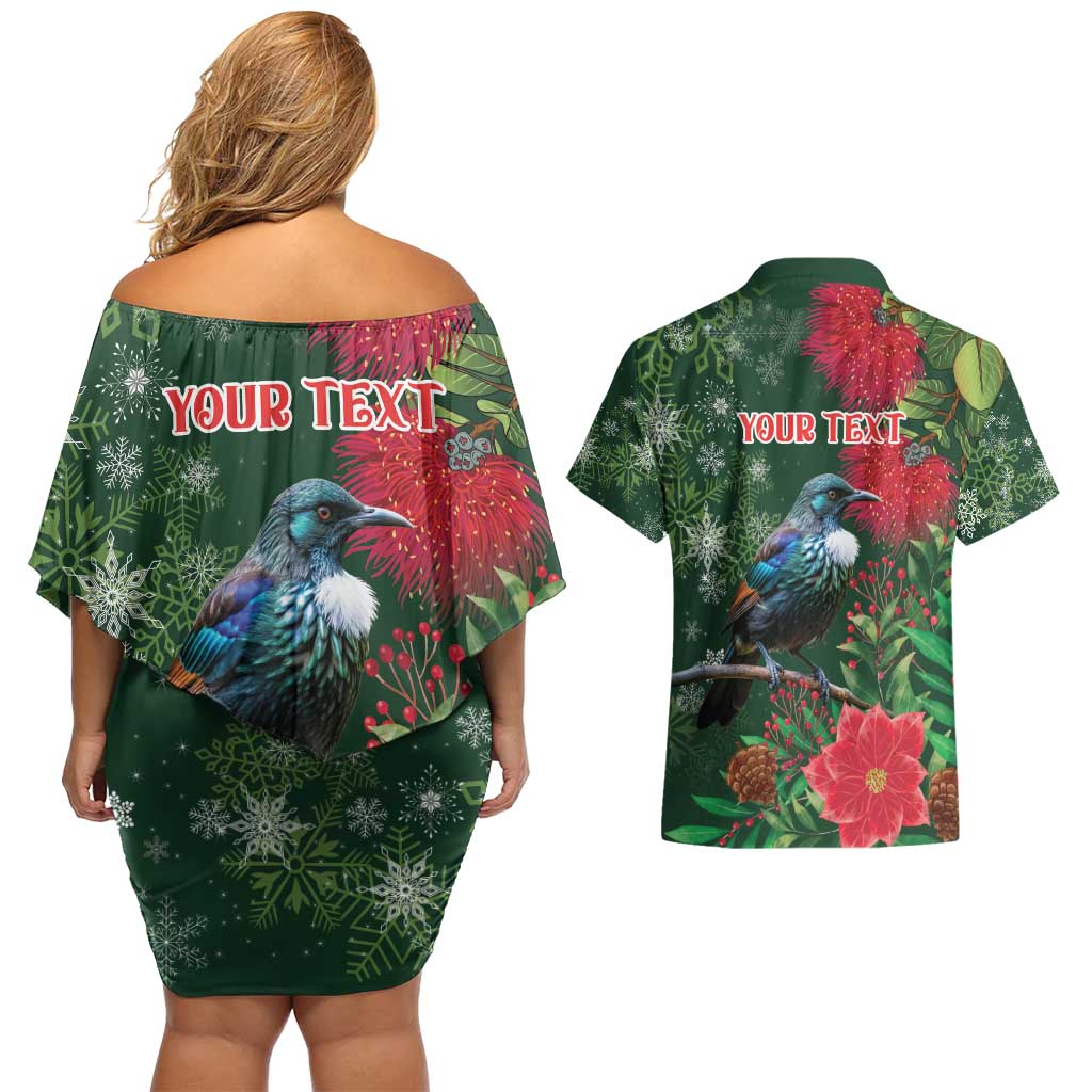 Tui Meri Kirihimete Personalised Couples Matching Off Shoulder Short Dress and Hawaiian Shirt Pohutukawa Flowers Green Motif - Polynesian Pride