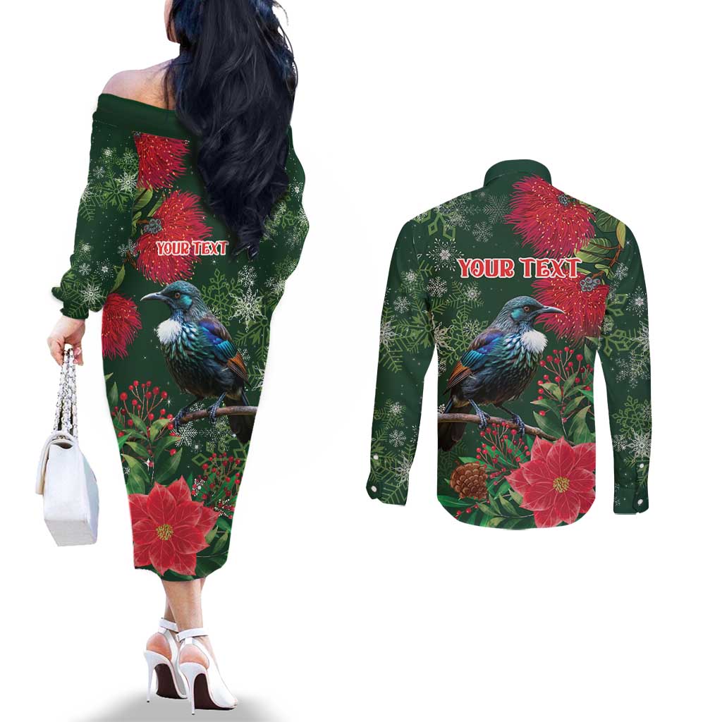 Tui Meri Kirihimete Personalised Couples Matching Off The Shoulder Long Sleeve Dress and Long Sleeve Button Shirt Pohutukawa Flowers Green Motif - Polynesian Pride