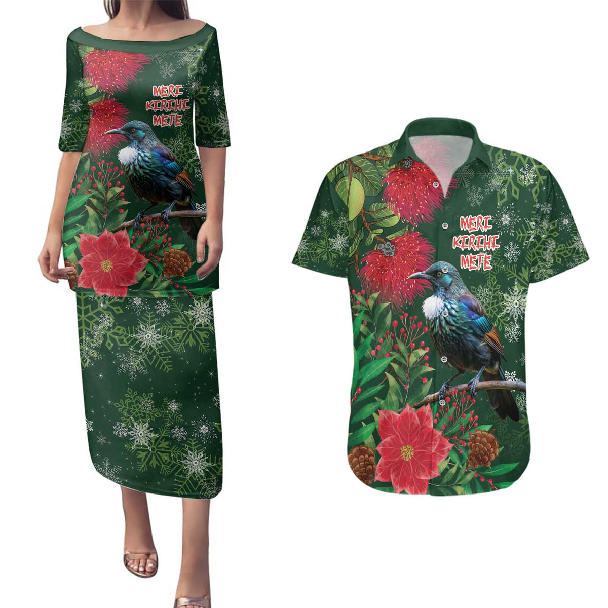 Tui Meri Kirihimete Personalised Couples Matching Puletasi and Hawaiian Shirt Pohutukawa Flowers Green Motif - Polynesian Pride