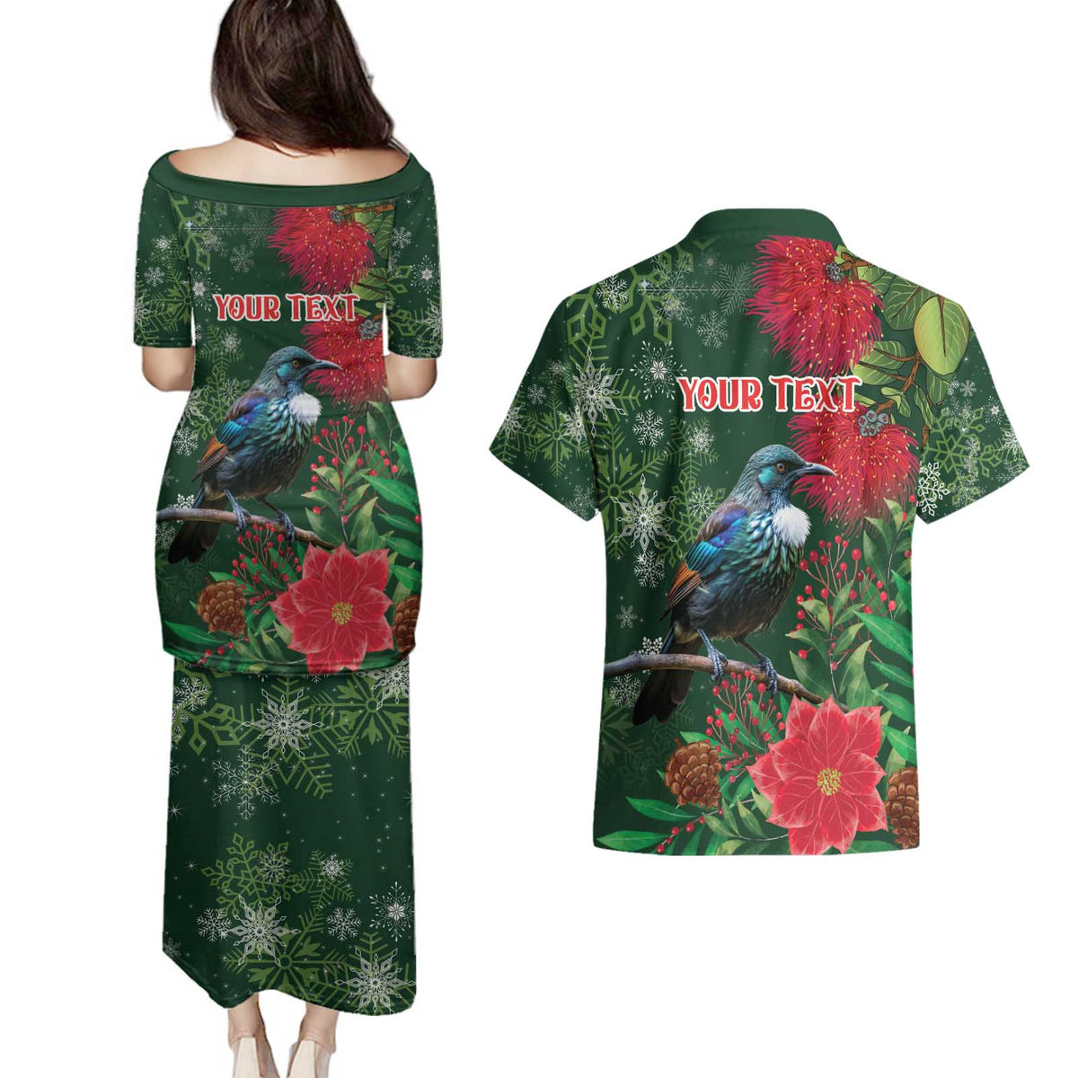 Tui Meri Kirihimete Personalised Couples Matching Puletasi and Hawaiian Shirt Pohutukawa Flowers Green Motif - Polynesian Pride