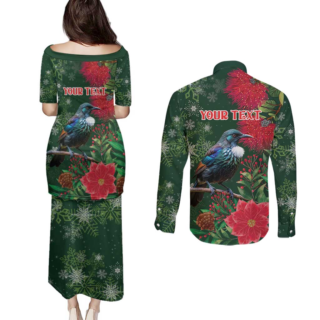 Tui Meri Kirihimete Personalised Couples Matching Puletasi and Long Sleeve Button Shirt Pohutukawa Flowers Green Motif - Polynesian Pride
